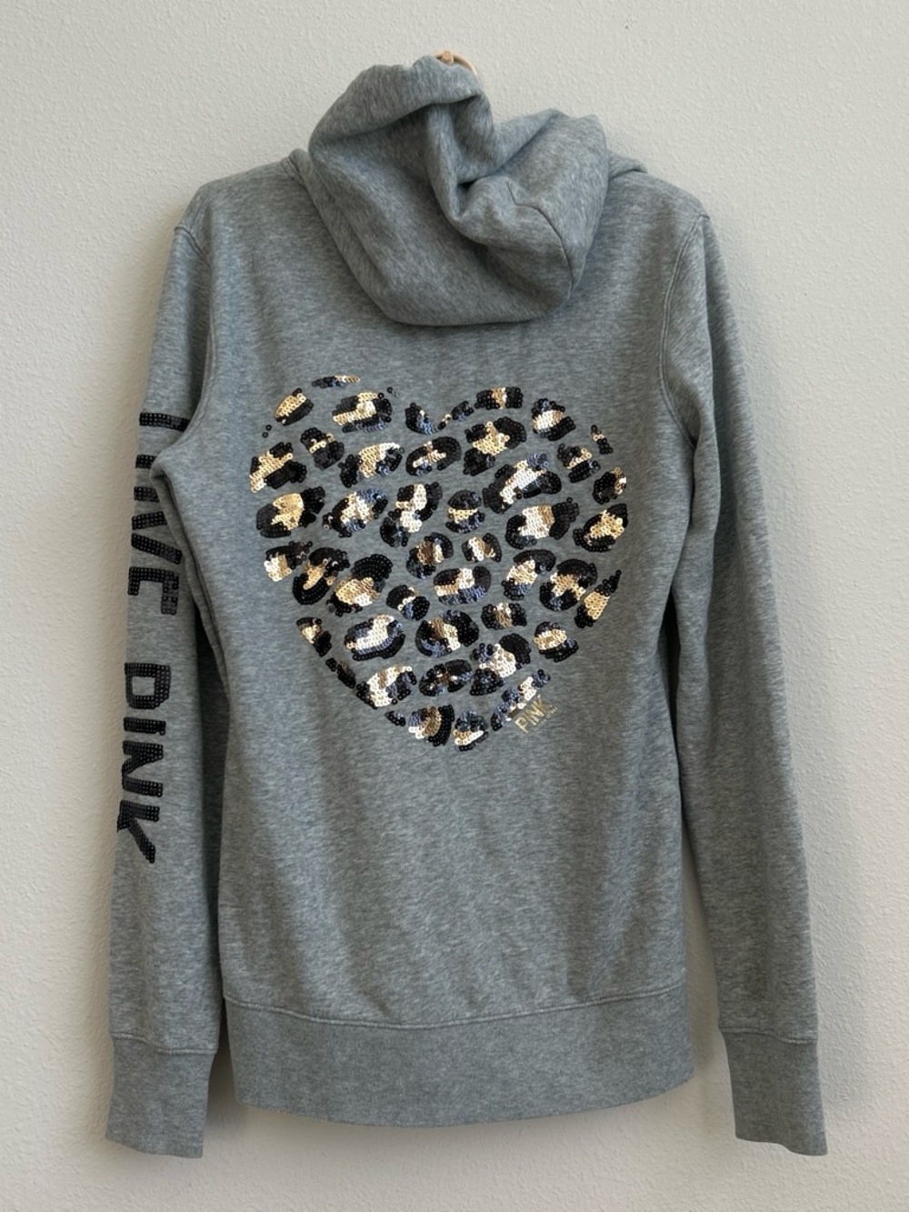 Y2K PINK Victoria's Secret Gray Zip Up Jacket with Sequin Leopard Heart
